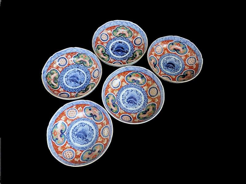 大聖寺伊万里　花に唐獅子　丸紋に金唐草の図　膾皿　５客　B225 AS-CGc