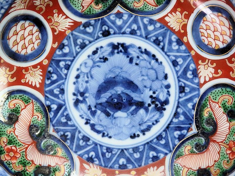 大聖寺伊万里　花に唐獅子　丸紋に金唐草の図　膾皿　５客　B225 AS-CGc