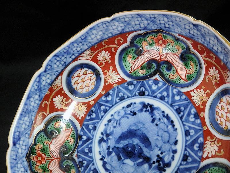 大聖寺伊万里　花に唐獅子　丸紋に金唐草の図　膾皿　５客　B225 AS-CGc