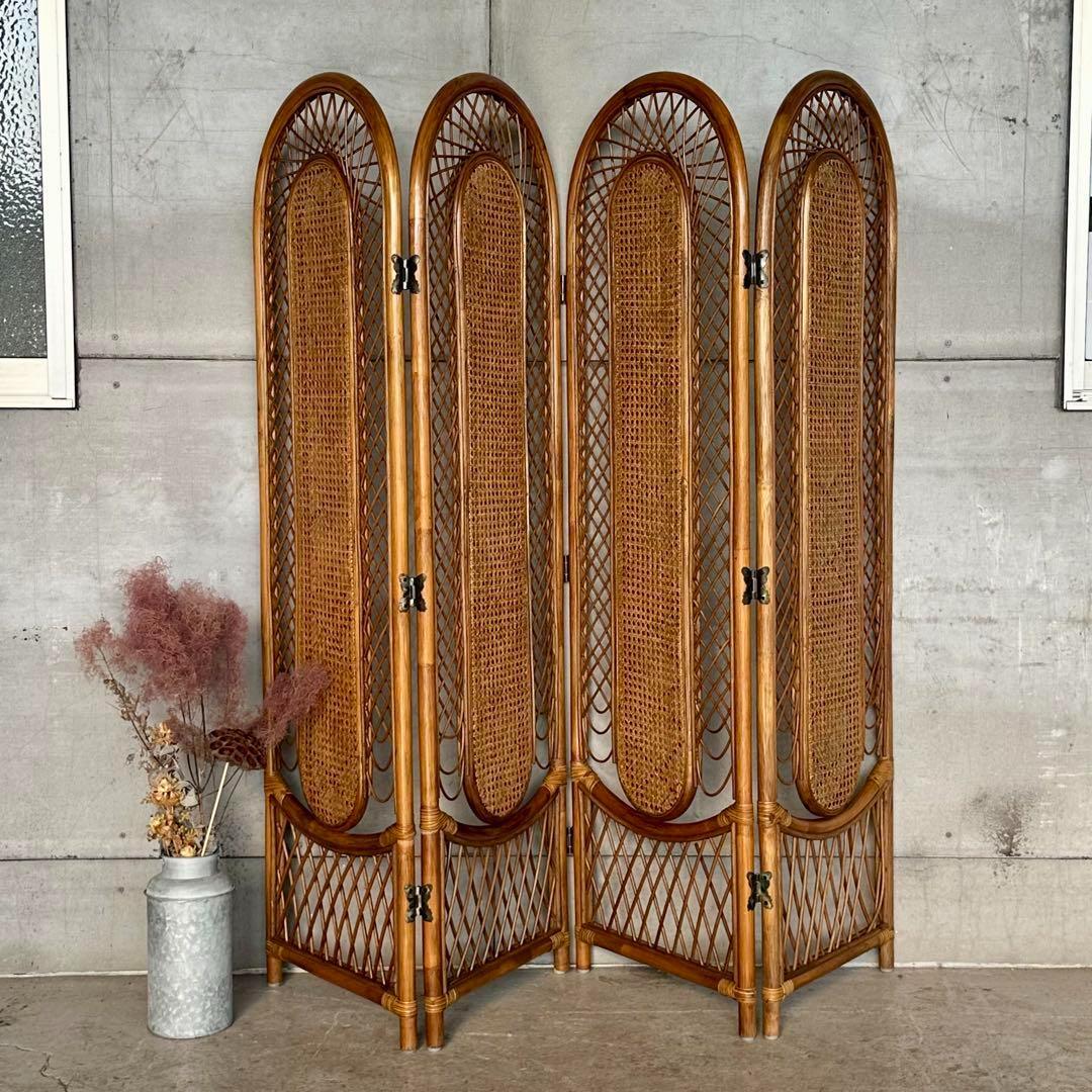 ꧁オールドラタン꧂4連パーティション　間仕切り　藤　アジアン　アンティーク