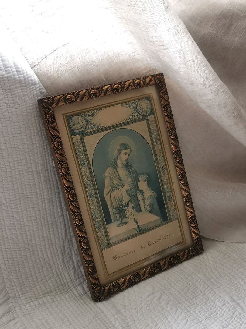 アンティークベルギー キリストと少年 初聖体 天使羊鳥透し絵 ローズ木彫フレーム
