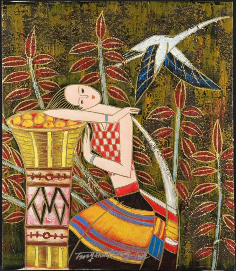 丁紹光　油彩　肉筆『ゴールドドリーム』サイン　裏サイン　F10号　額無　b308