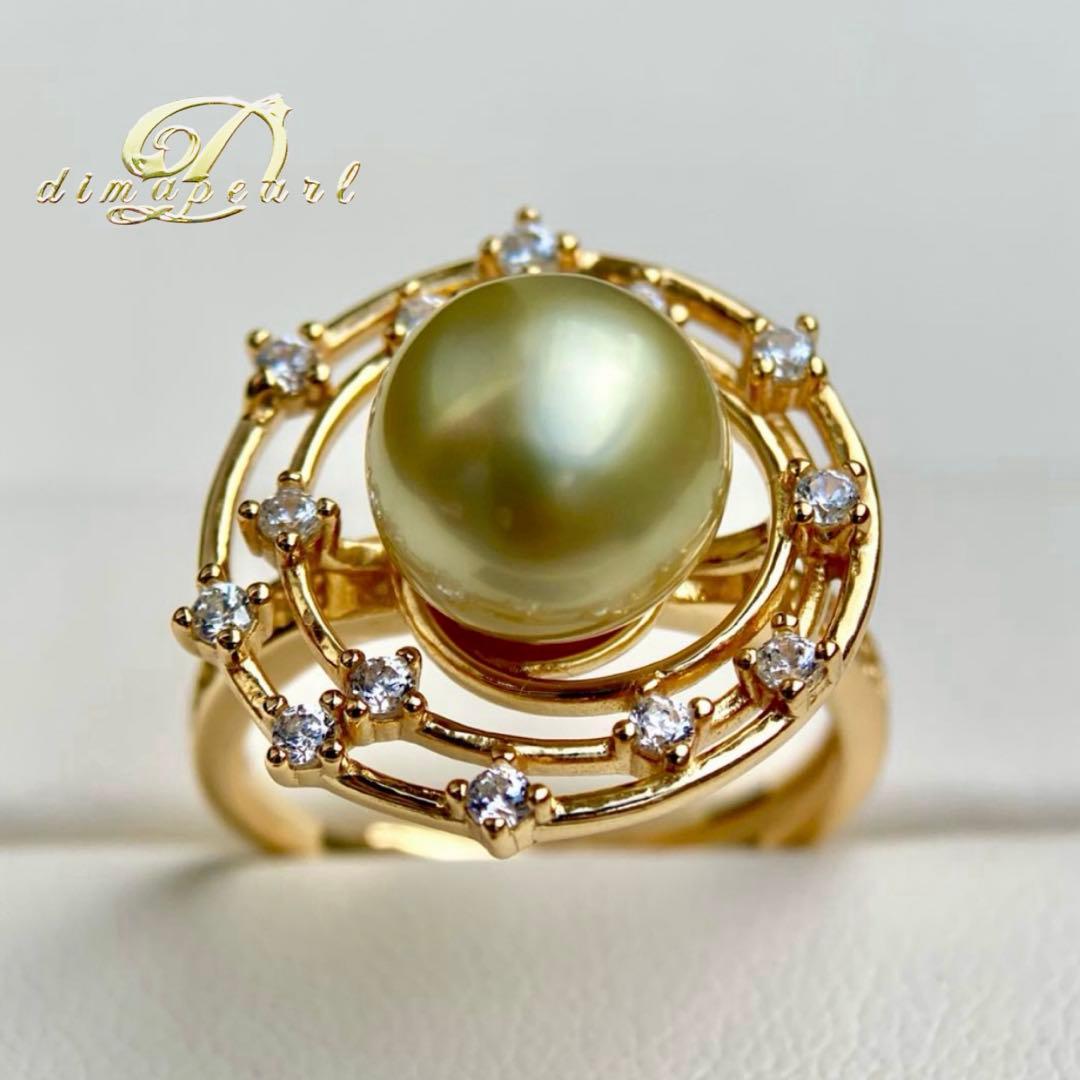 本真珠南洋白蝶真珠　茶金(緑)9.6㍉s925リングY1023