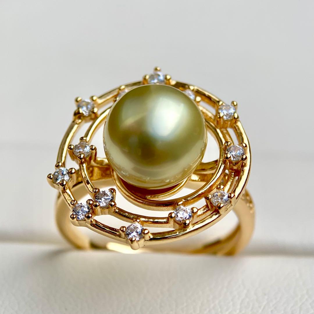 本真珠南洋白蝶真珠　茶金(緑)9.6㍉s925リングY1023