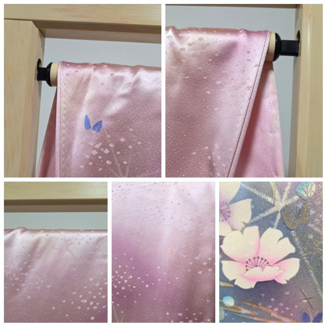 B◆着物くつろぎ かわいい花模様 銀彩 キラキラ 袷 正絹 成人式 振袖 着物