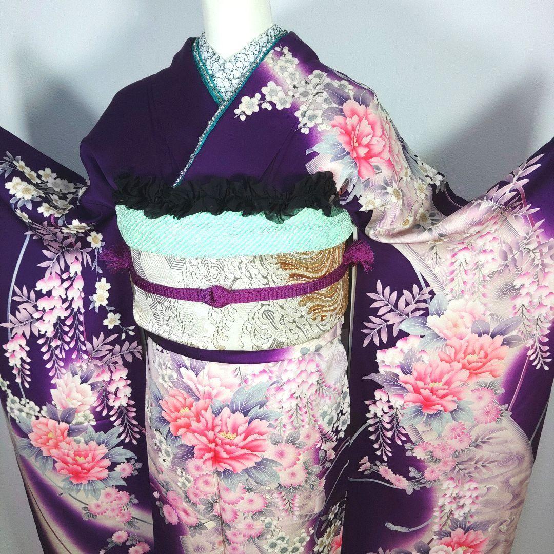 振袖　完全フルセット　24点　成人式　結婚式　前撮り　紫　金　緑　ラインストーン