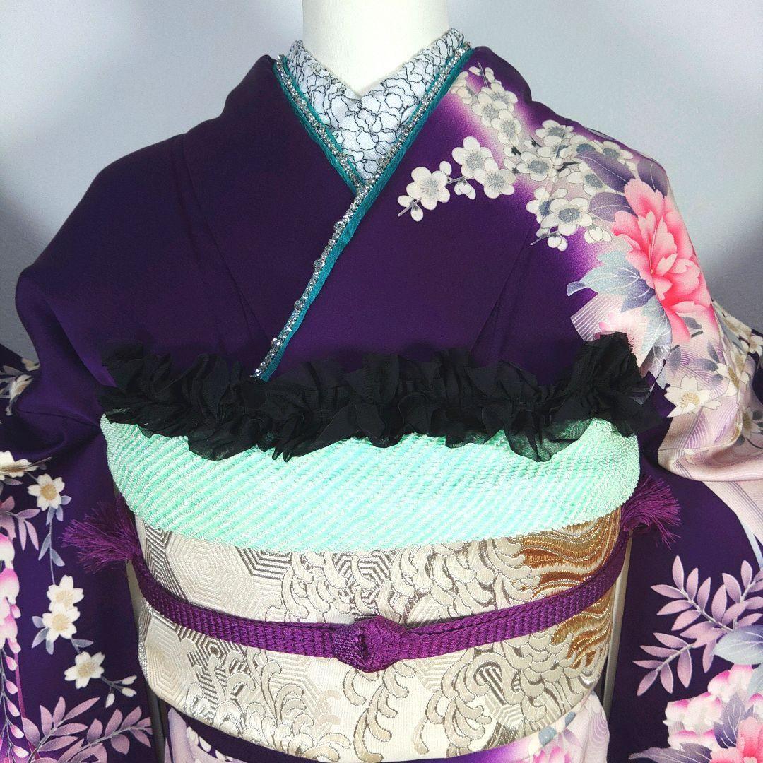 振袖　完全フルセット　24点　成人式　結婚式　前撮り　紫　金　緑　ラインストーン