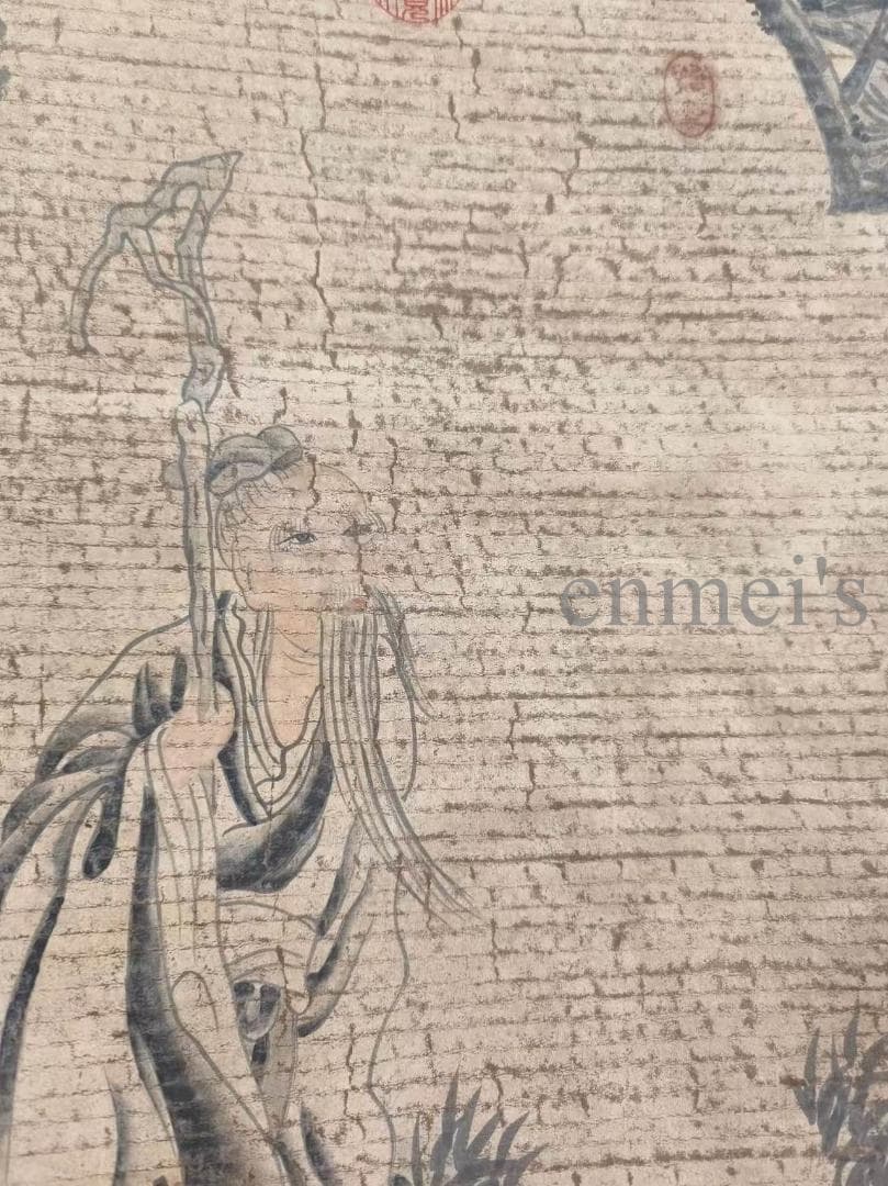 中国古美術 明代 盧稜伽作款 水墨画 風景人物 三尺 宣紙 掛け軸 唐物 肉筆