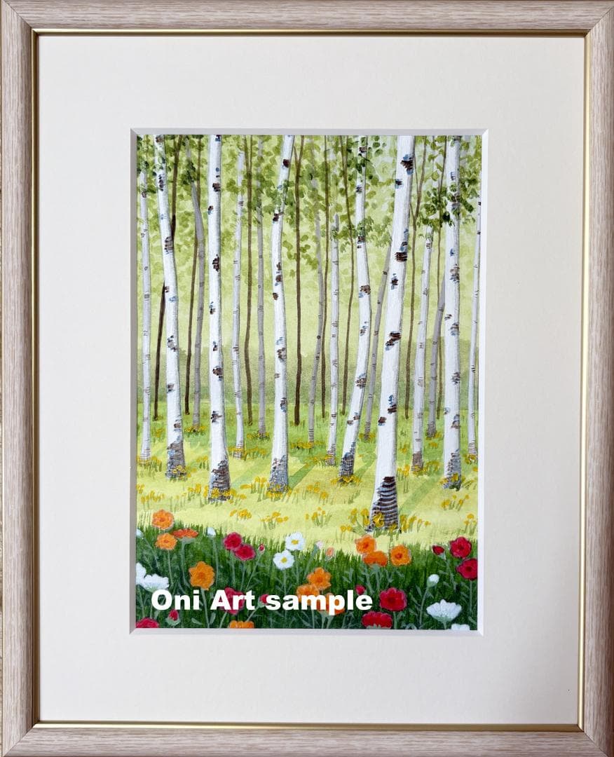アクリル画　原画　「白樺林02」額縁付き　SMサイズ　風景画