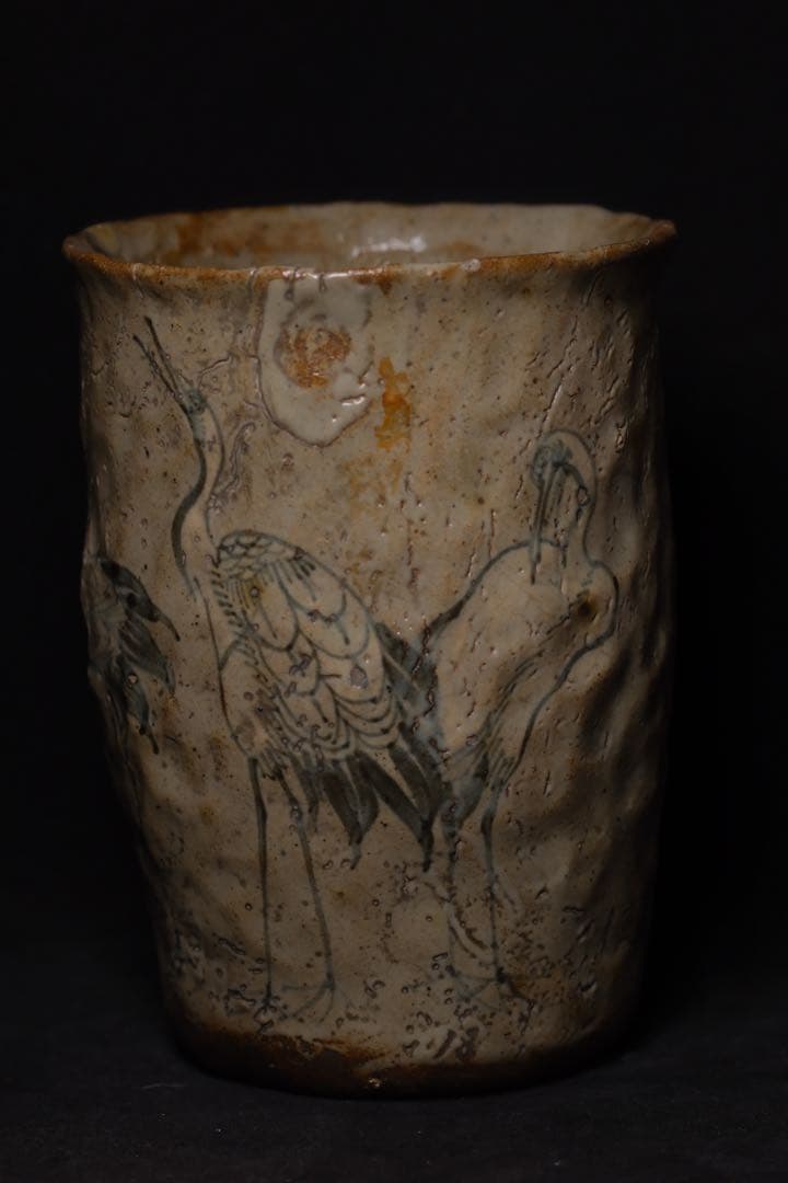 古志野焼？鶴の絵柄 花瓶 水指として使えます　ひびあり