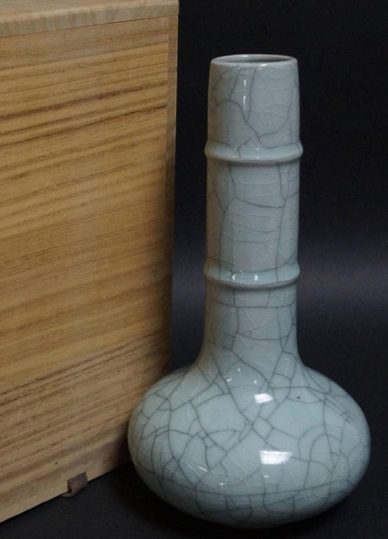 茶道具 哥窯鶴首花瓶 青磁花器 貫釉 茶道具 華道具 共箱