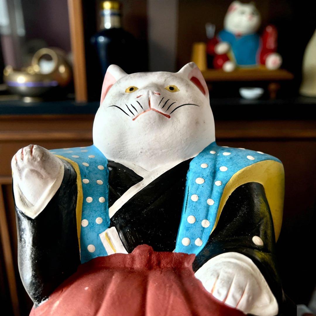 古玩 大阪府 郷土玩具 住吉大社 初辰猫 土人形 中猫×2 一対 縁起物 招き猫