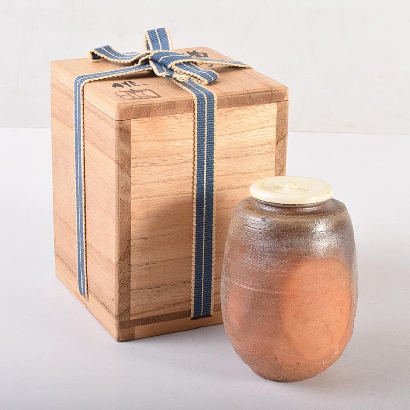 茶道具　備前焼　木村桃山作　茶入　袱紗付　共箱　V　R7875