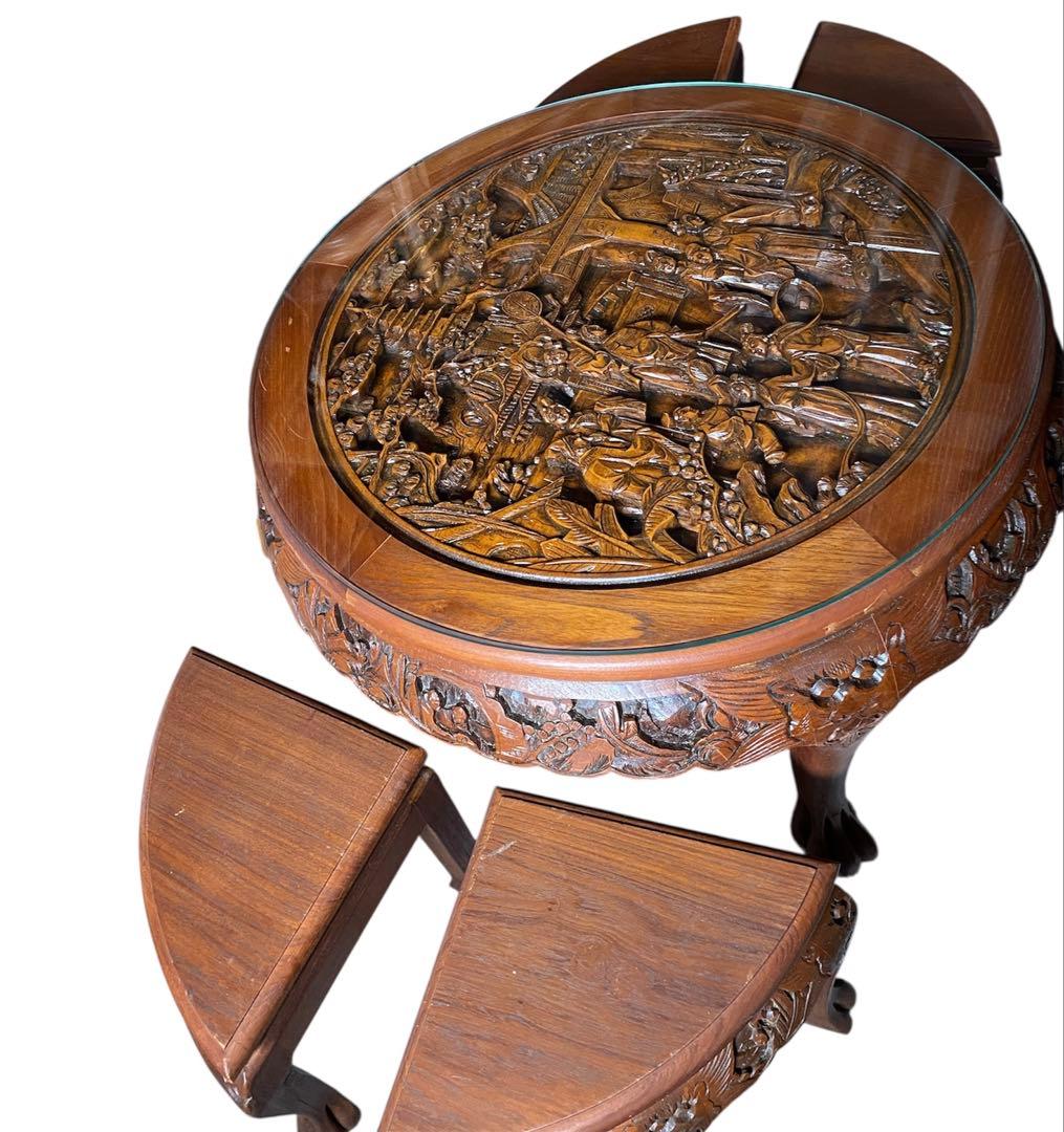 アジアン アンティーク 彫刻家具 テーブル イス4脚付き 猫脚 骨董