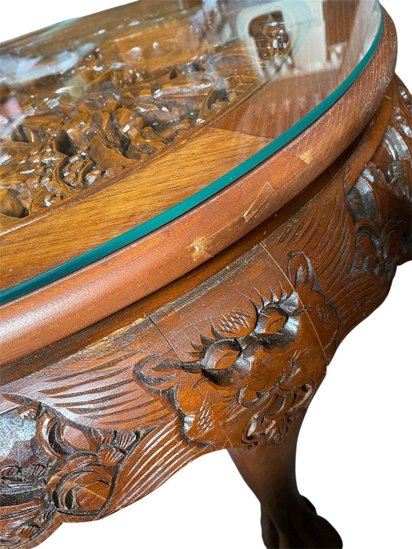 アジアン アンティーク 彫刻家具 テーブル イス4脚付き 猫脚 骨董