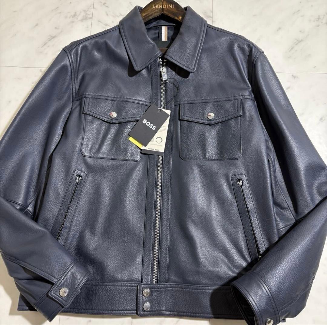 新品未使用タグ付き✨ HUGO BOSS レザージャケット 48 ネイビー L