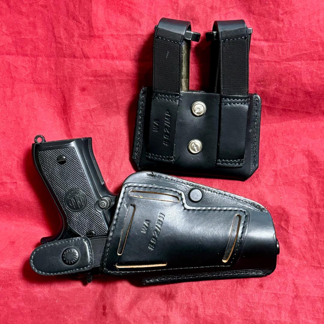整備済 黒革製 ベレッタ M92F用 ヒップホルスター＆マガジンポーチ セット