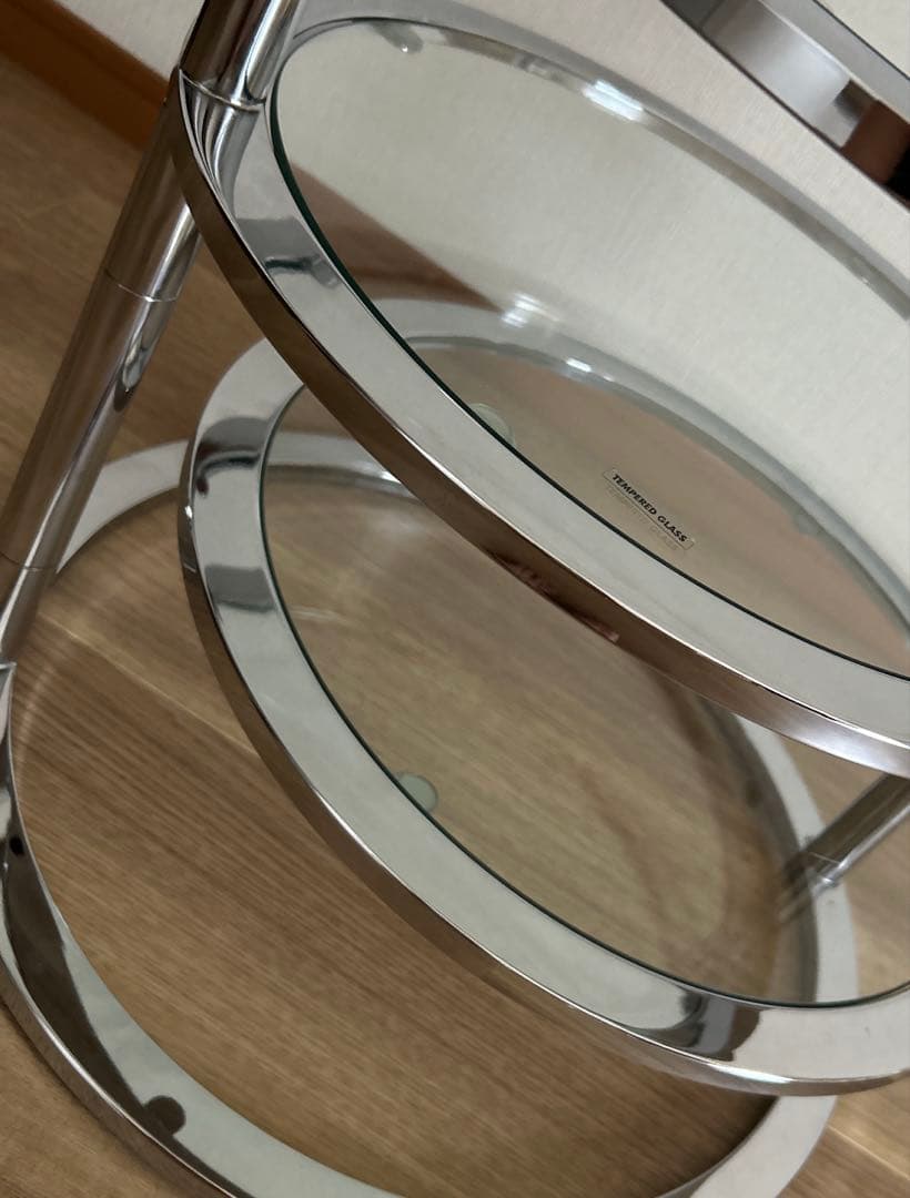 ミッドセンチュリー　北欧ラウンドテーブル3段ガラススライドテーブル☆たのメル便