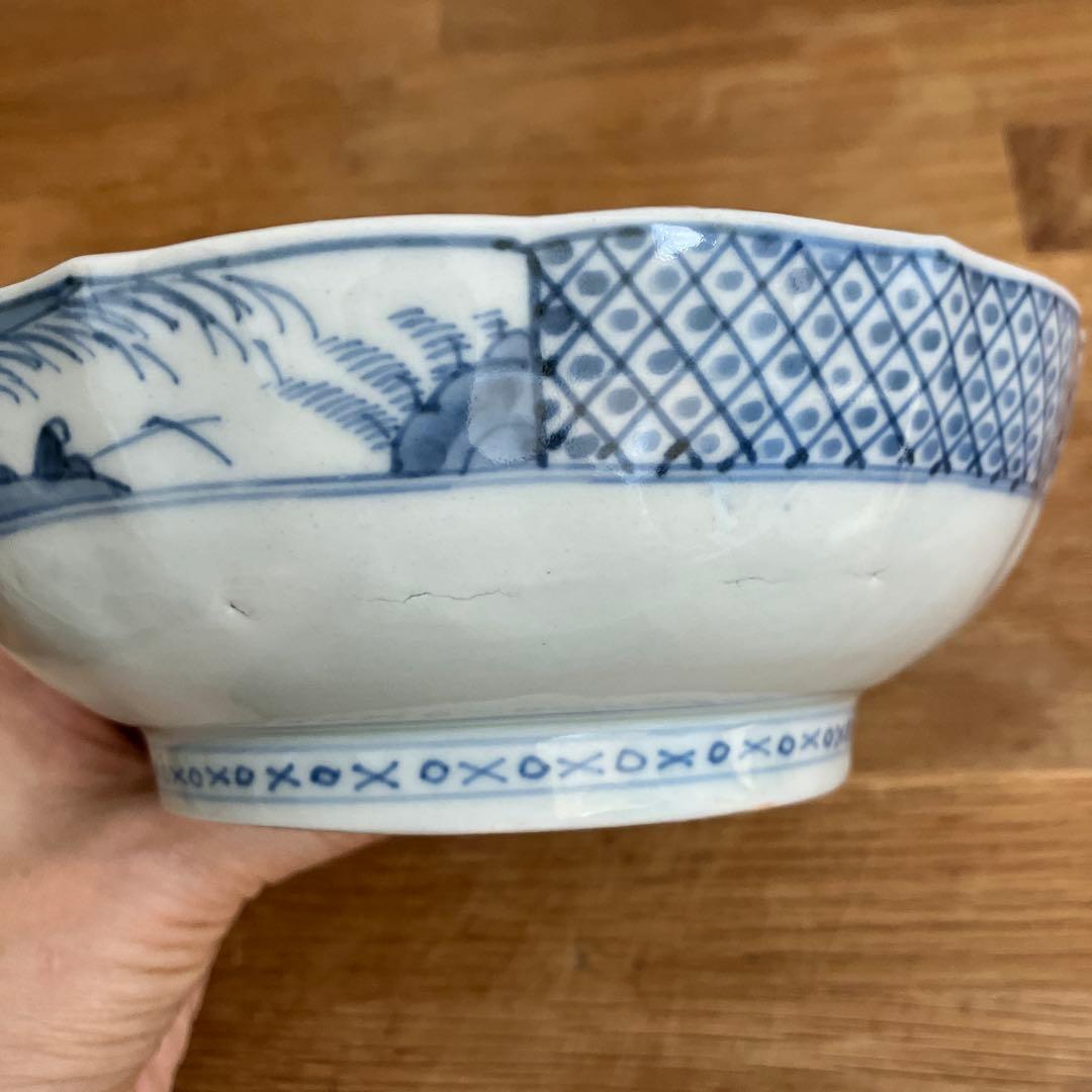 古伊万里 江戸中期色絵金彩染付 なます皿 花リム鉢 古道具 アンティーク 骨董