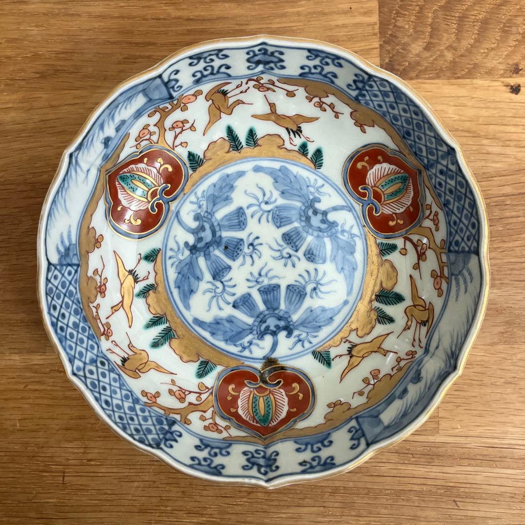 古伊万里 江戸中期色絵金彩染付 なます皿 花リム鉢 古道具 アンティーク 骨董