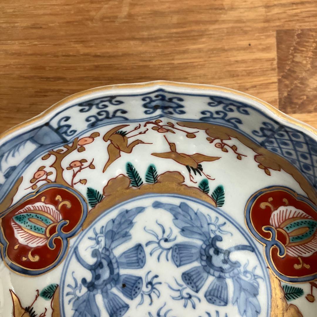 古伊万里 江戸中期色絵金彩染付 なます皿 花リム鉢 古道具 アンティーク 骨董