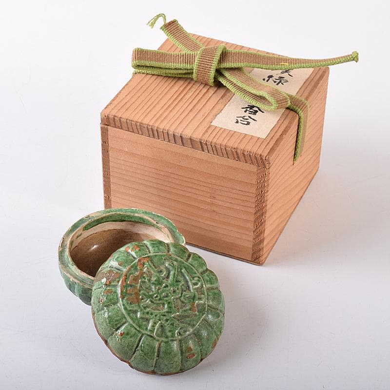 中国　漢緑釉　香合　時代箱付　C　R7980