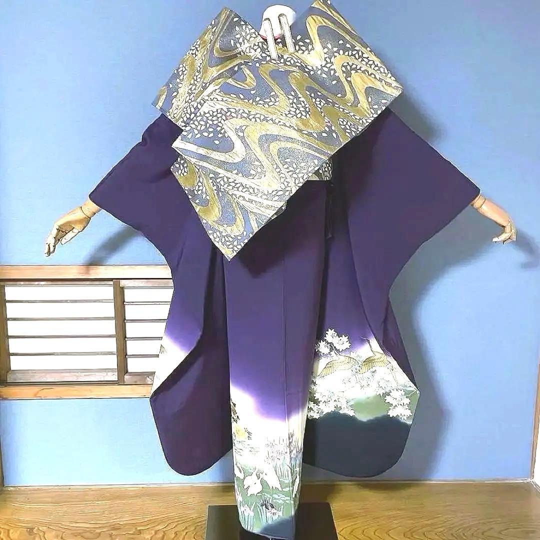 振袖フルセット　古代色の紫の友禅は、高貴で特別な色　成人式振袖　振袖　裄丈69