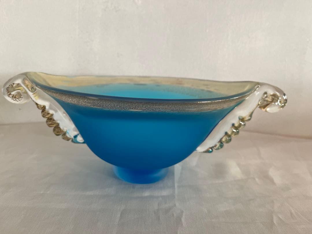 き*ば様 ガラス工芸 黒木国昭 金彩 オーシャンブルー 花器 鉢 器 硝子【CK