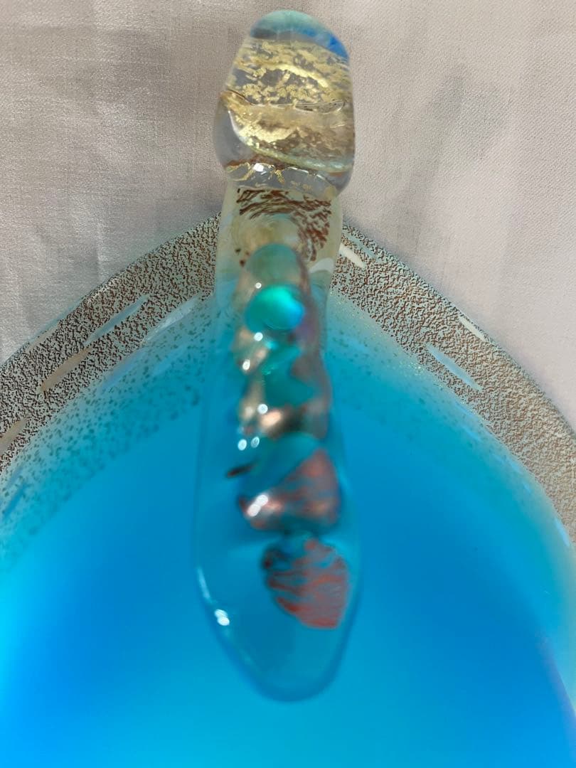 き*ば様 ガラス工芸 黒木国昭 金彩 オーシャンブルー 花器 鉢 器 硝子【CK