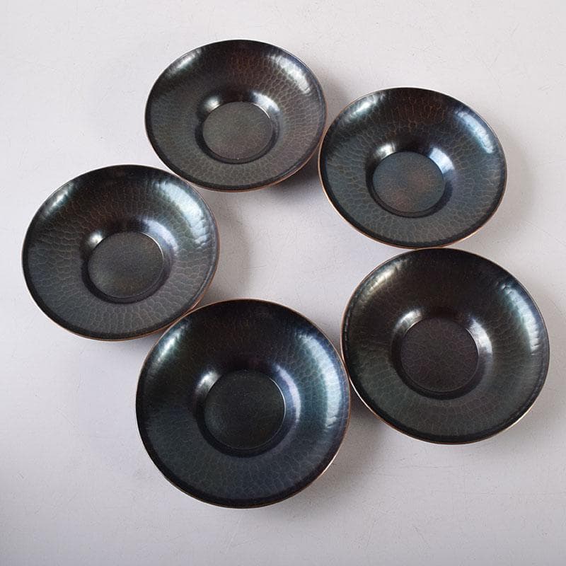 鎚起銅器　玉川堂造　紫金色鎚肌　茶托　茶筒　茶さじ　茶器揃　共箱　D　R8147