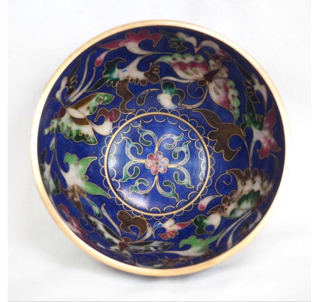 送料無料　珍しい銅胎有線七宝碗（景泰藍）両面加工★希少★