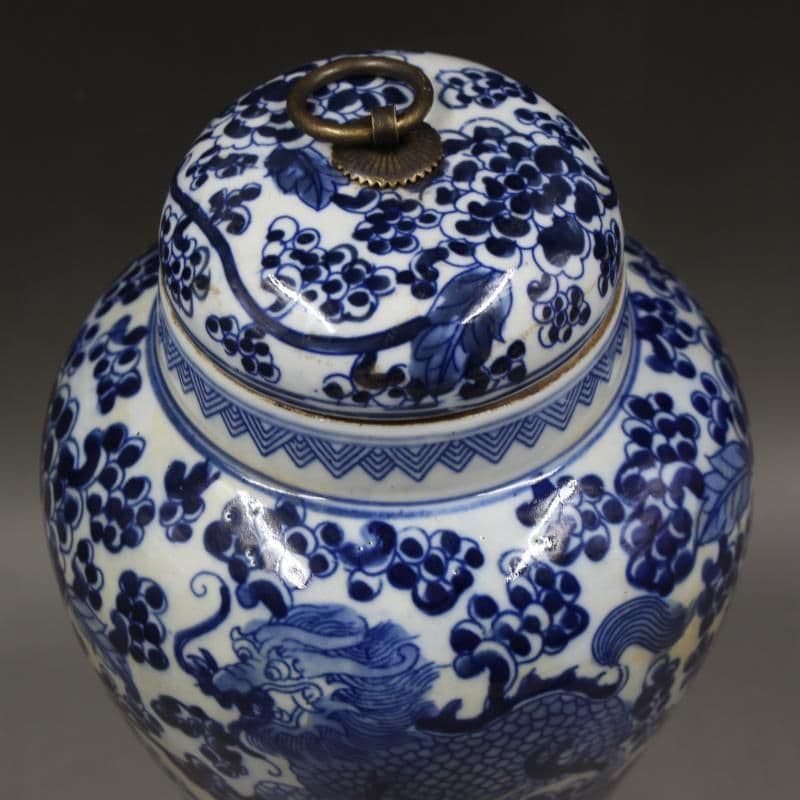 清同治青花穿花麒麟紋茶蓋缶 景徳鎮 陶磁器 装飾品 現代工芸品 美術品 置物