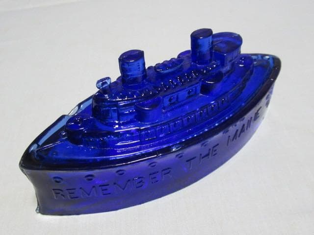 極希少（青色）美品 大正時代◆アメリカ海軍 戦艦 メイン号 ガラス 小物入れ