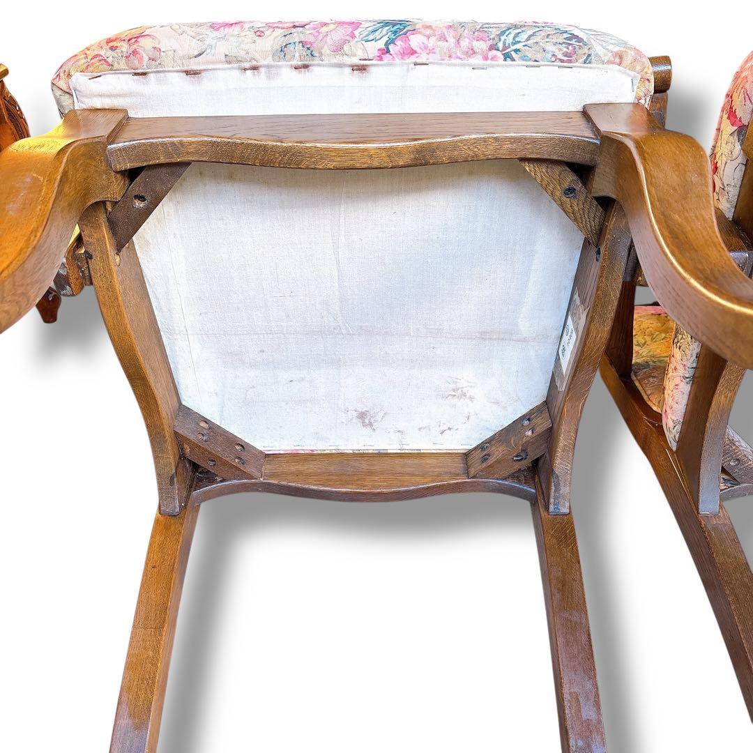 アンティーク 猫脚風 木製 肘掛チェア 2脚セット 花柄 店舗什器