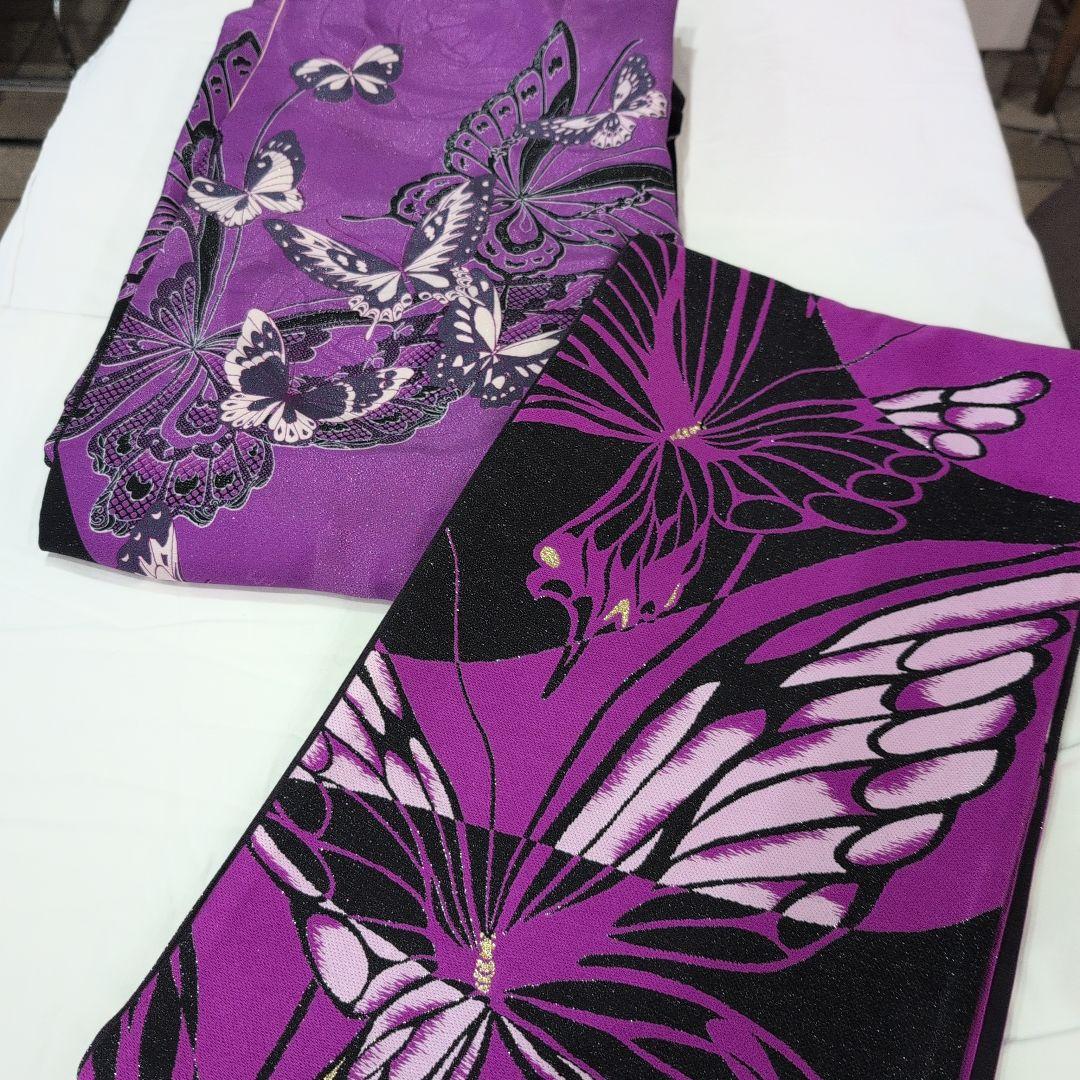 【美品】紫と黒の蝶模様の振袖＆帯のセット