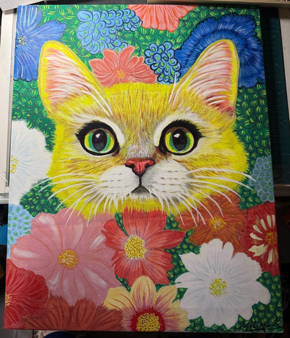 「幸運の猫」蛍光猫のアクリル画 絵画 原画