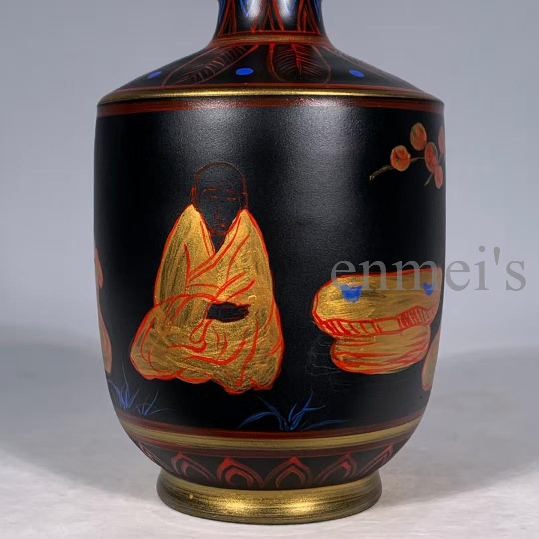 中国古美術・旧蔵宋汝窯・大漆彩繪人物對弈圖竹節瓶・彩絵・花瓶・陶磁器・文房置物