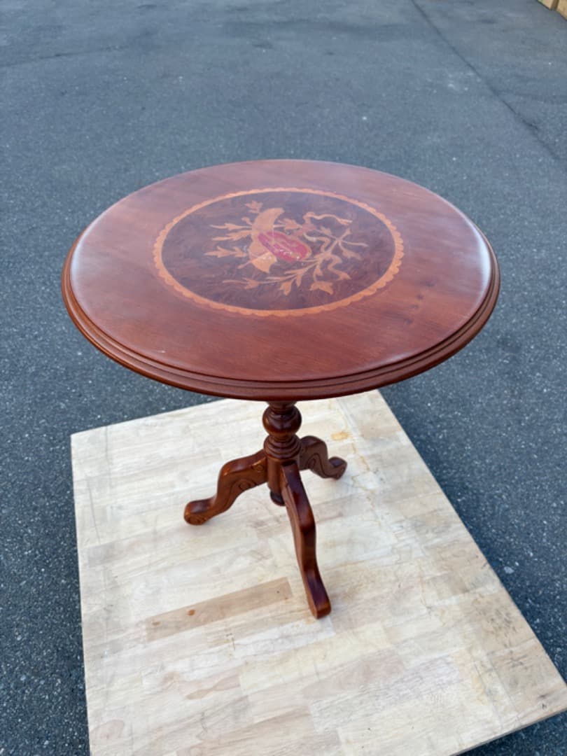 マホガニー調　サイドテーブル　象嵌細工　インレイ　飾り台　花台　挽物細工　933