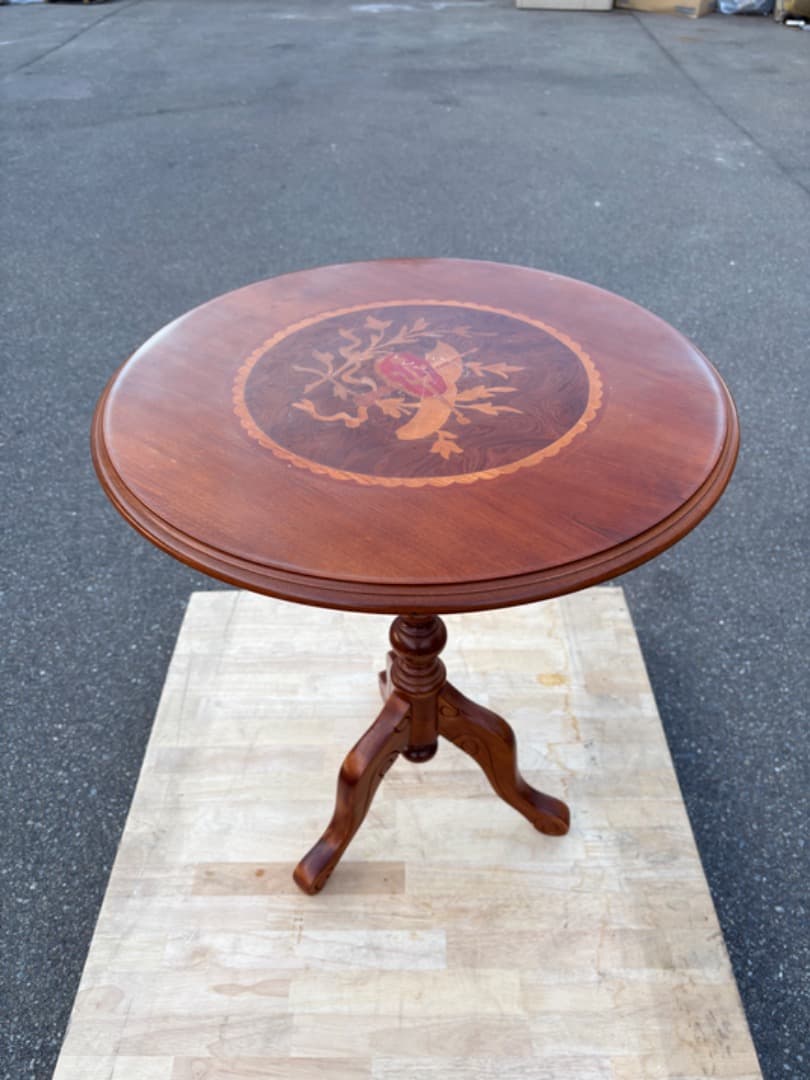 マホガニー調　サイドテーブル　象嵌細工　インレイ　飾り台　花台　挽物細工　933