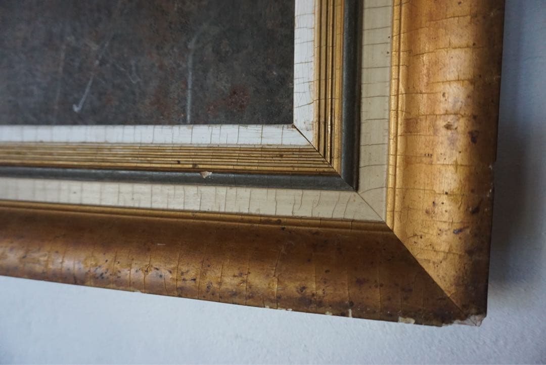 大きなアンティークフレームのブリキサインボード　看板　店舗什器　額縁　古道具