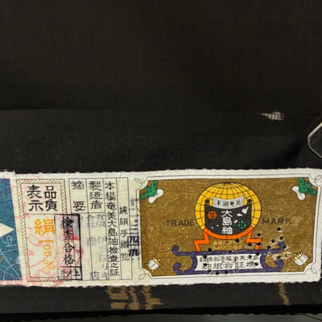 D81 本場大島紬 泥染め 雪輪 証紙付き 正絹 着物 袷 極美品