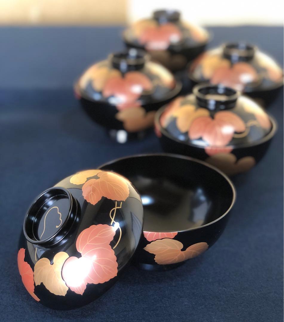 《レ》輪島塗 黒塗 蔦蒔絵 吸物椀5客 木製漆器 木箱　251119え4