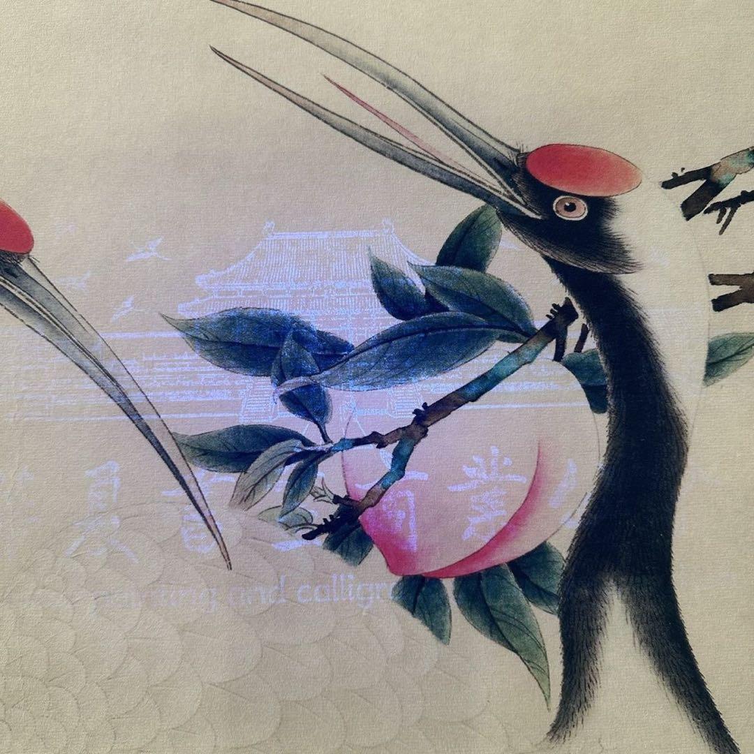 【複製掛軸・証書付】斉白石『賀寿図』中堂画　桃・丹頂鶴　70×173cm　花鳥画