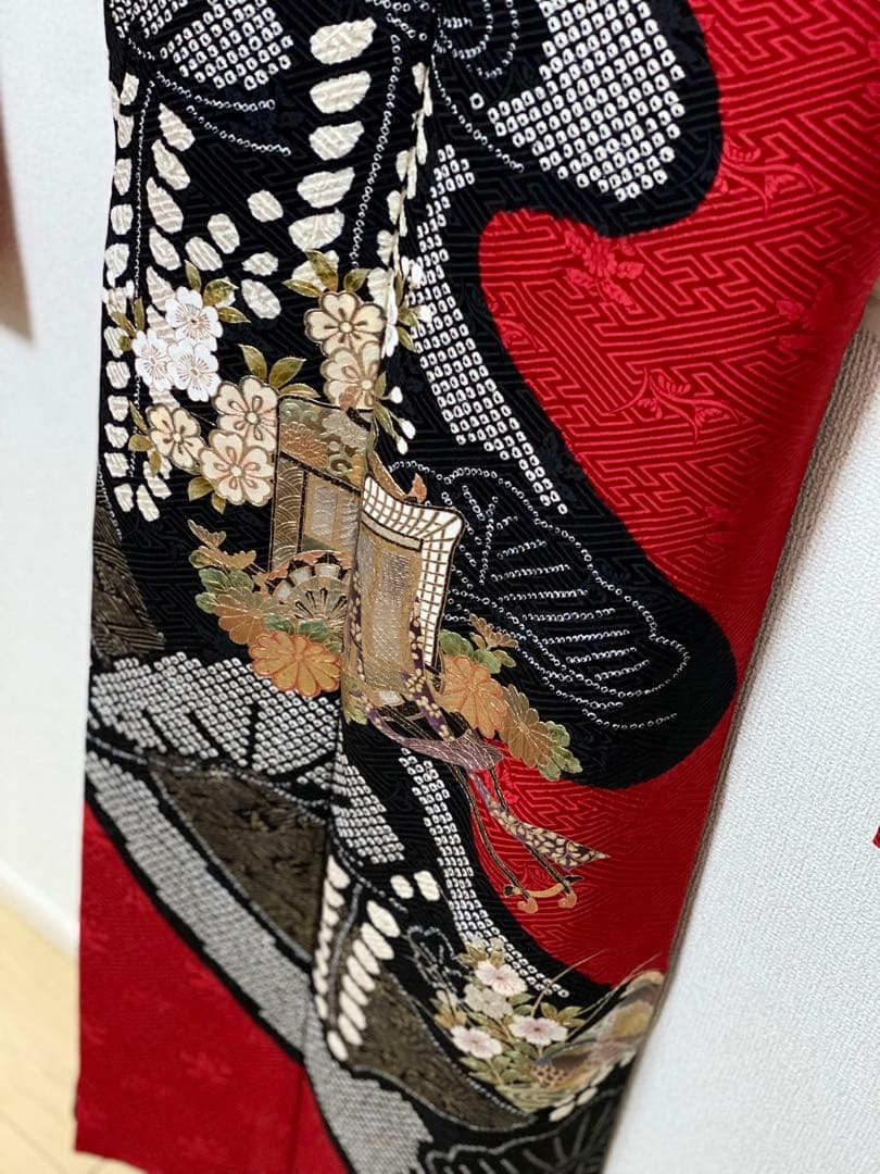 振袖 フルセット 絞り 赤黒 正絹