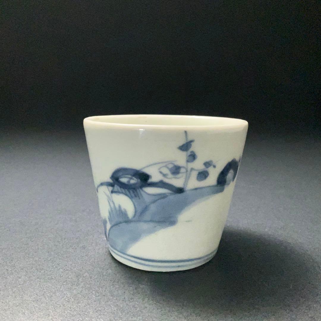 伊万里染付花鳥図姫猪口　梅に鶯　骨董　古伊万里　豆猪口 6R1245wダS