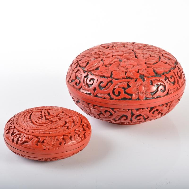 中国　剔紅　堆朱　牡丹文　鳳凰文　蓋物　2点まとめて　V　R6346