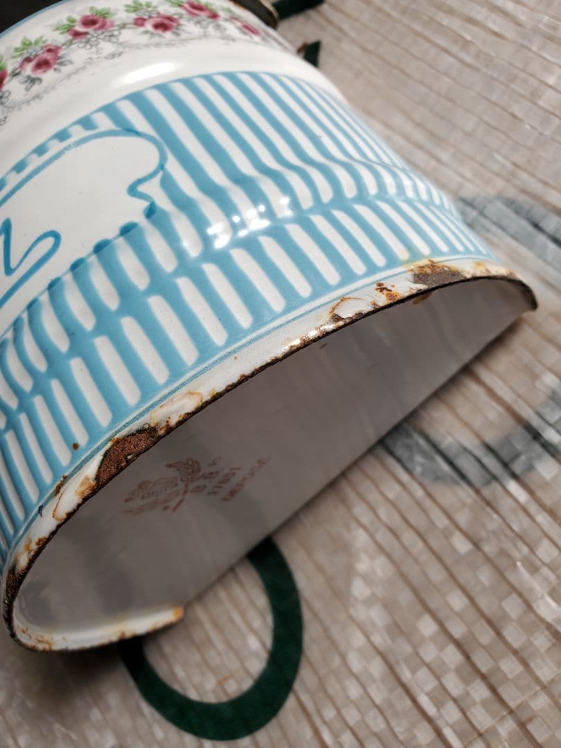 フランス　アンティーク　ホーロー　塩入れ　BB社　ローズガーランド