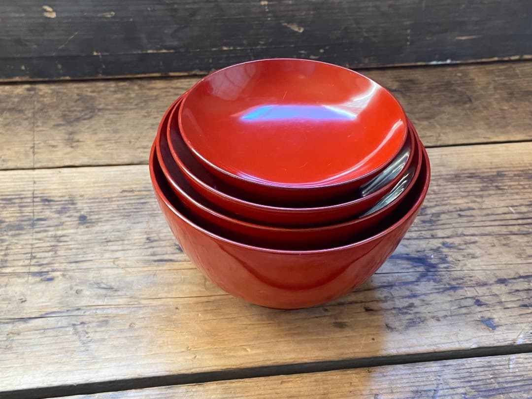 能登蔵出し 輪島塗 朱漆 入れ子 四つ椀 / 時代 朱塗 漆器椀 四つ組椀 正月