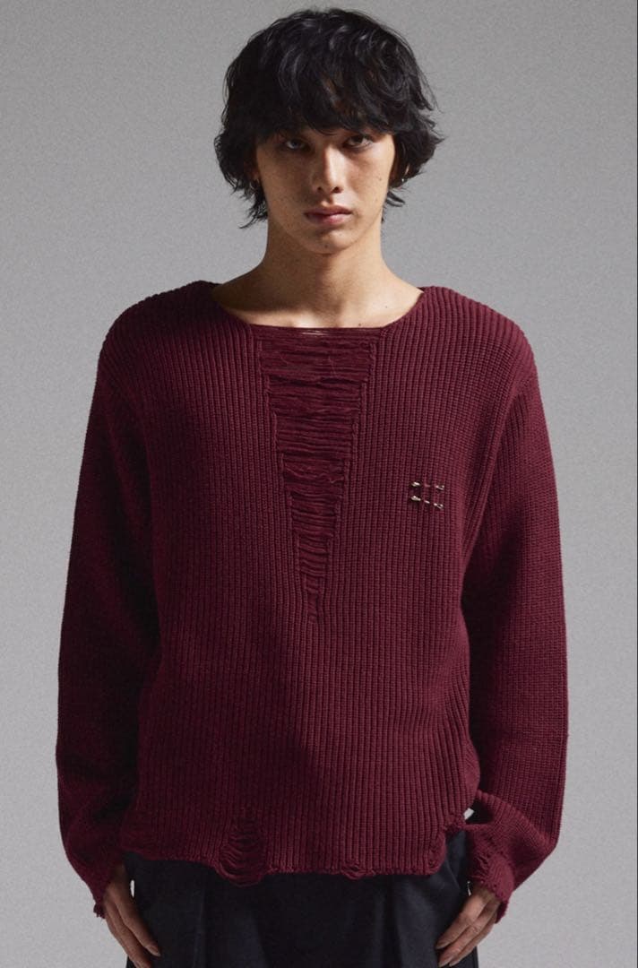 【GRANCY】ピアスダメージニット レッド L