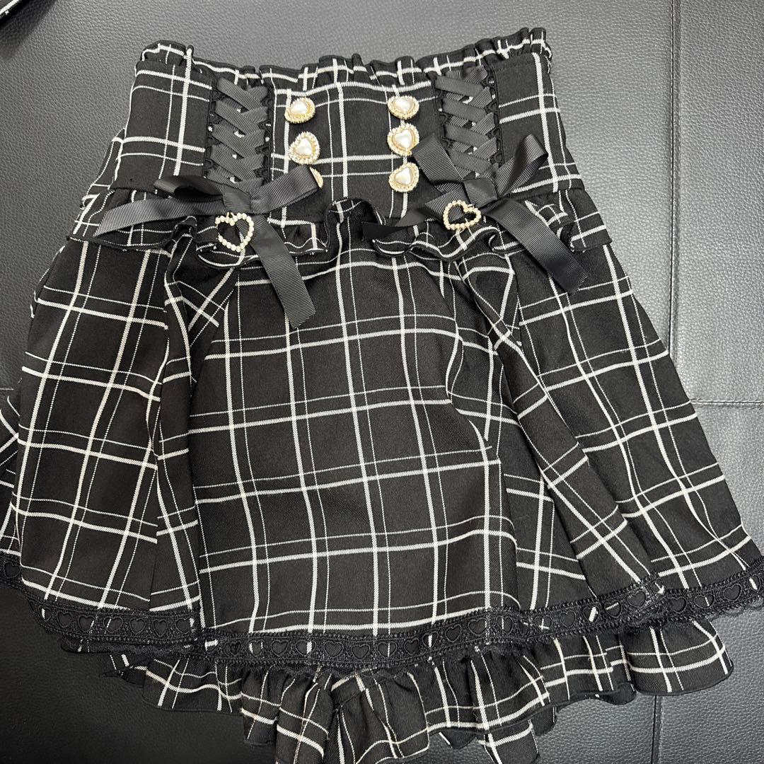 LIZLISA レースアップサスペンダー付きスカパン ブラックチェック